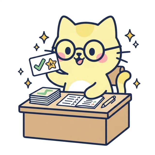 Study cat mascot studying with flashcards and practice quizzes